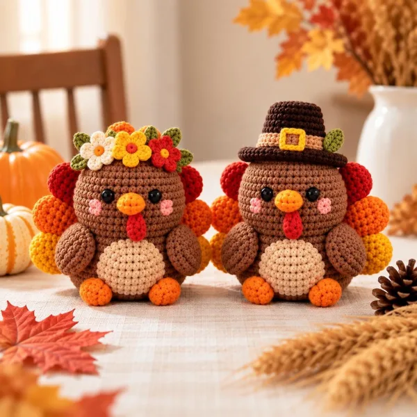 Handmade Crochet Turkey Plush, Cute Thanksgiving Table Decor, Tiered Tray Accent