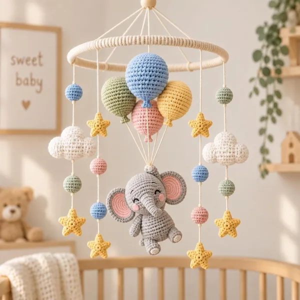Safari Hot Air Balloon Baby Mobile Crochet, Elephant Nursery Mobile, Handmade Neutral Nursery Decor
