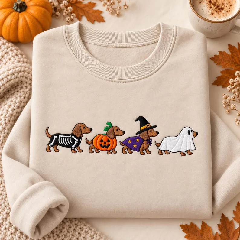 Halloween Dachshund Embroidered Shirt, Spooky Season Doxie Ghost Tee