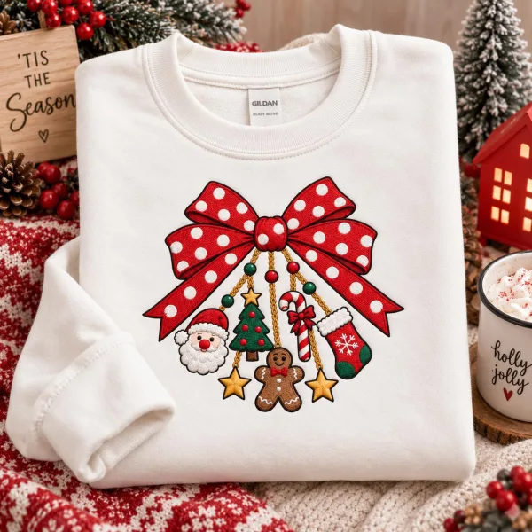Coquette Christmas Bow Shirt, Embroidered Holiday Crewneck, Cute Winter Tree Comfort Colors Tee